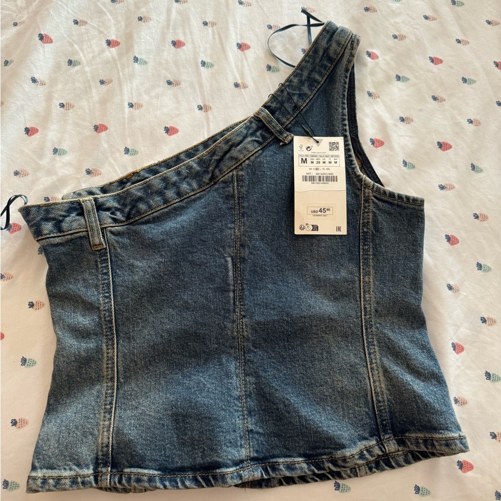 Zara Blue Denim One-Shoulder Top